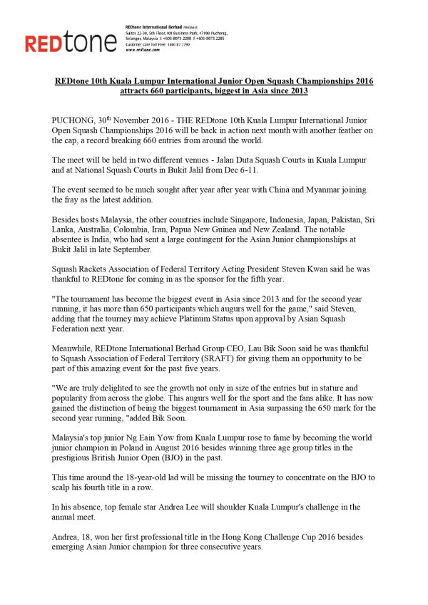 REDtone 10th Kuala Lumpur International Junior Open Squash