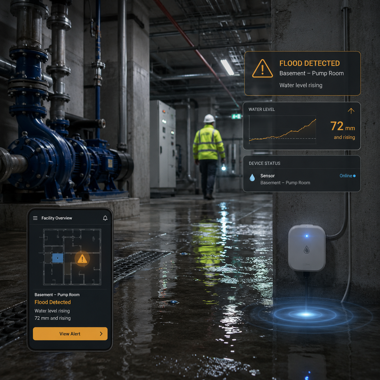REDtone Smart Asset flood detection monitoring in a facility pump room